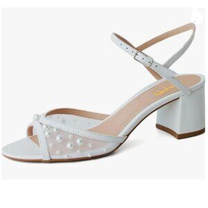 XYD White Pearls Open Toe Block Sandals Ankle Strap with Buckle Low Heel Shoes